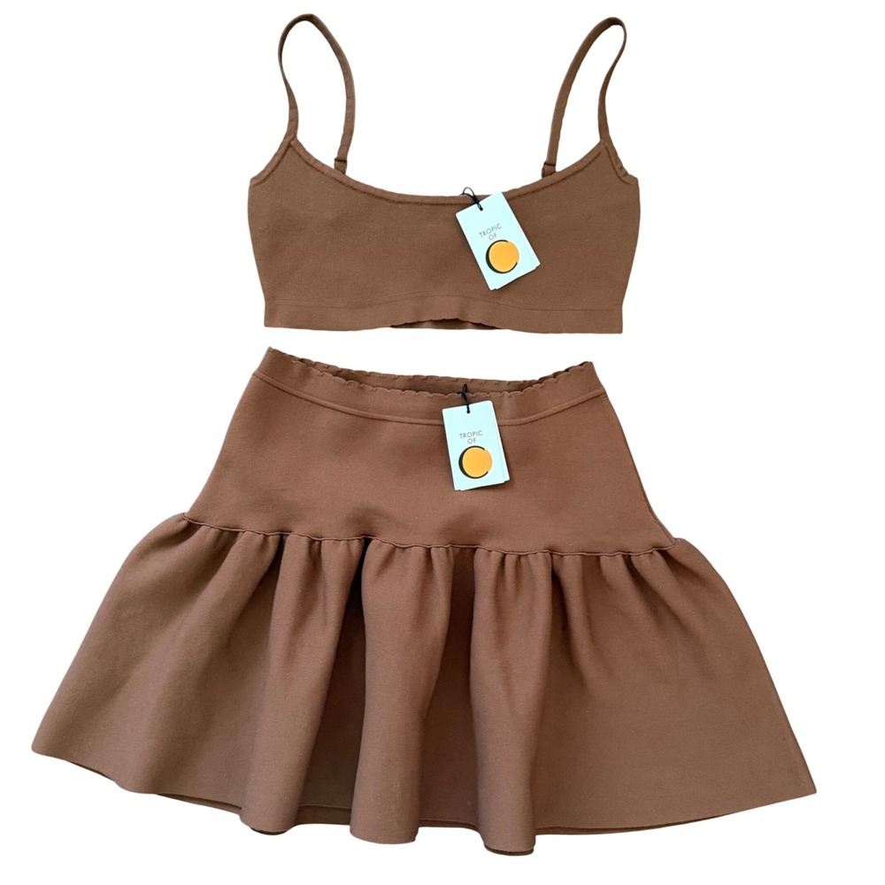 Tropic of C Julia Brown Knit Two Piece Set Crop Top and Mini Skirt Resortwear M